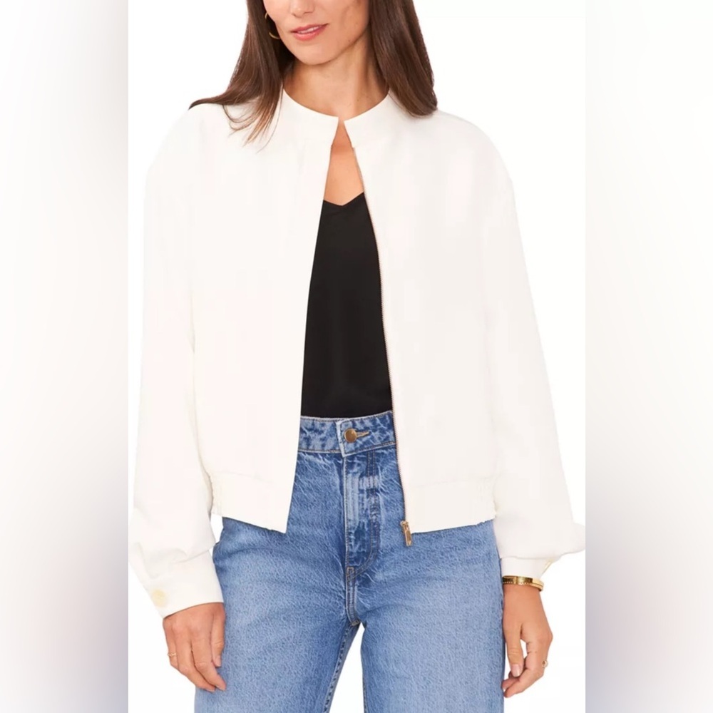 NWT Vince Camuto Birch Polyester Satin Bomber Jacket Silver hardware Sz Large
